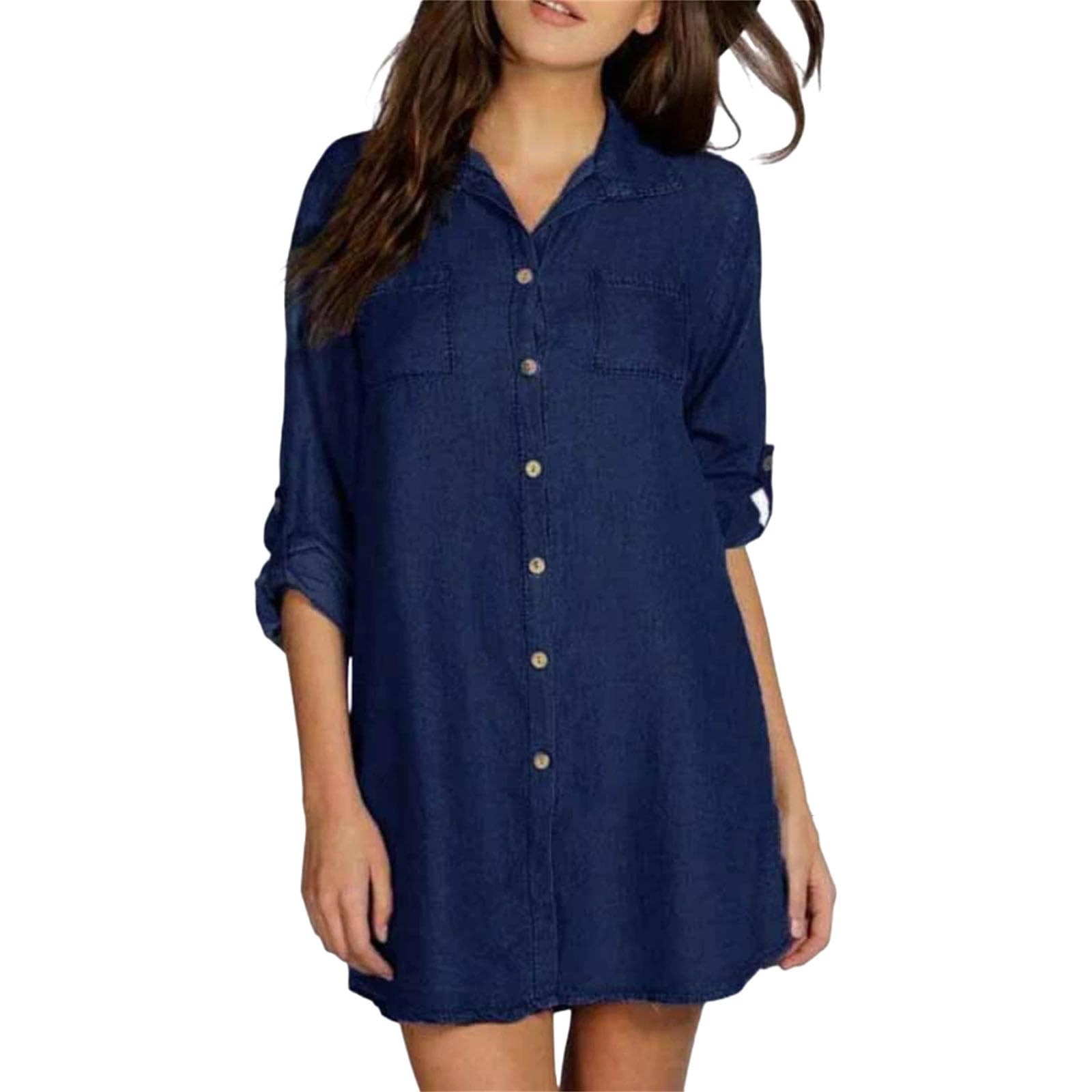 Camisa de mezclilla con solapa para mujer, media manga, botonadura simple, camisa delgada a la moda