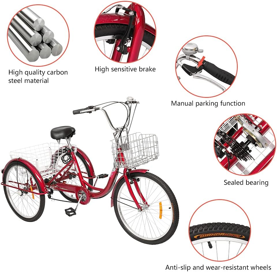 PEXMOR Adult Tricycle 7 Speed, 24/26 Inch 3 Wheel Bikes Tricycle for Adults, Adult Trike for Women/Men/Seniors, Three Wheel Cruiser Bike w/Folding Front & Rear Basket for Shopping/Recreation/Picnic