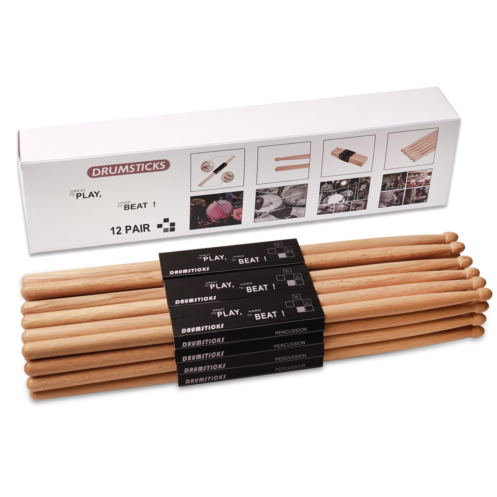 AQJUNONGDrum Sticks，7A Drumsticks, 12 Pairs Classic Oak Wood Tip Drum Sticks for Kids and Adults, Professional Musical Instrument Percussion Accessories