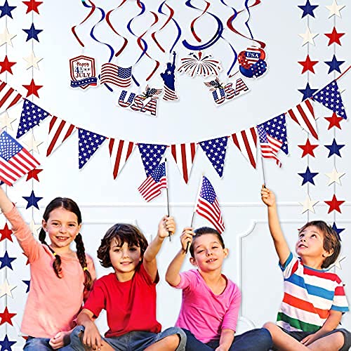 Outus 17 Pieces Patriotic Decorations for 4th of July Include USA Banner USA Flag Bunting Banner Star Streamers Banner Foil Hanging Swirls for Independence Day Memorial Day USA Events Decorations