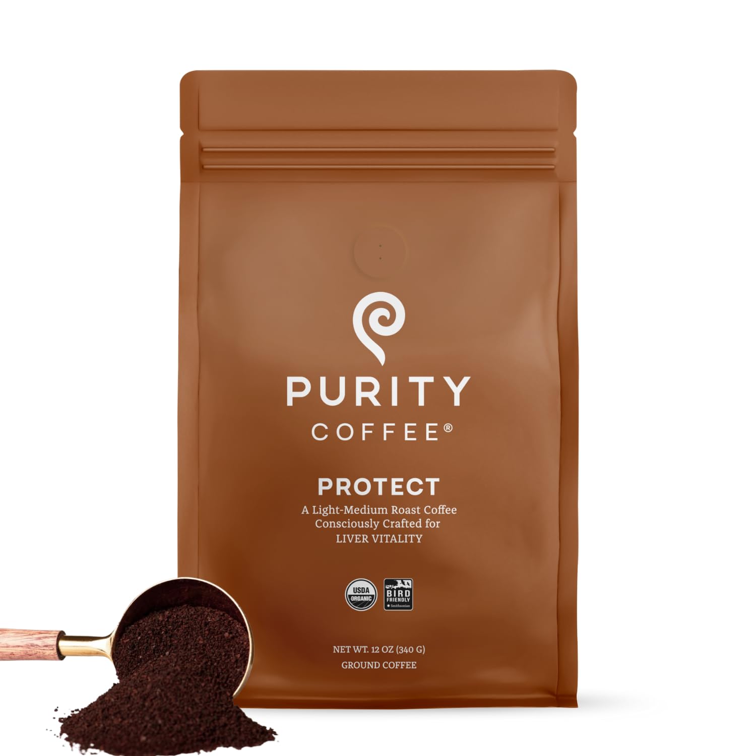 Purity Coffee PROTECT Light-Medium Roast Ground Coffee for Liver Vitality - USDA Organic and Third-Party Tested for Antioxidants, Mold, Mycotoxins and Pesticides - 12oz