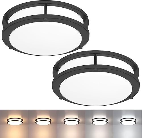 Paquete de 2 lámparas de techo negras, lámpara de techo LED de montaje empotrado de 10 pulgadas, lámpara de techo negra mate para baño, dormitorio,