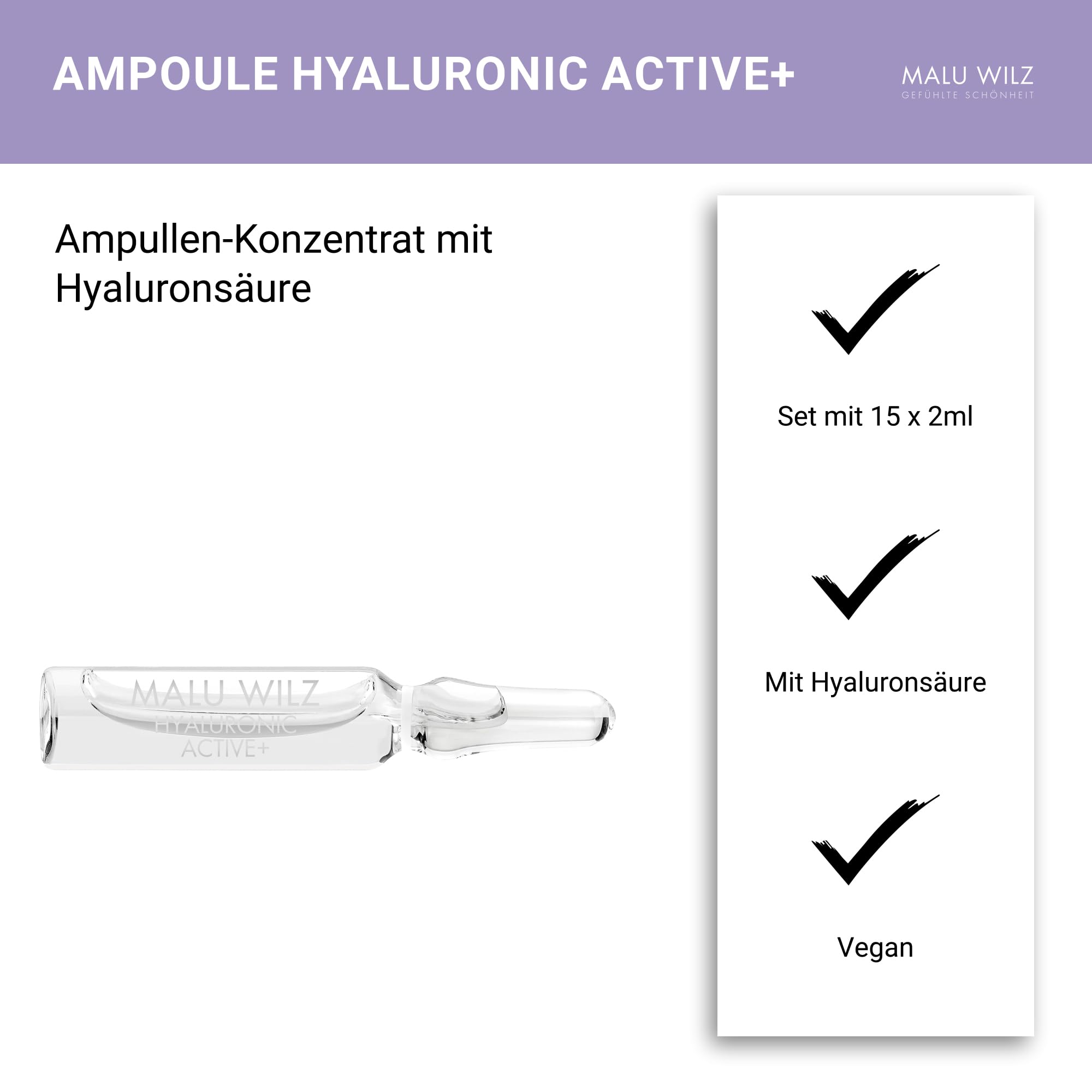 Malu Wilz Ampoule Hyaluronic Active+ 15 x 2ml I Hyaluron Ampullen Gesicht I Intensiv feuchtigkeitsspendendes Konzentrat I Für straffe, jugendliche Haut