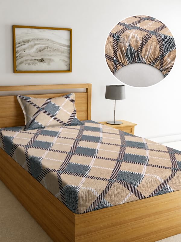 Image of la' amour Single Size Fitted Bedsheet with 1 Pillow Cover, Soft Breathable Elastic Bed Sheet for Single Bed, Premium Printed Bedsheet with All Around Elastic - 36 x 72 + 6 Inches, Beige Charcoal Plaid