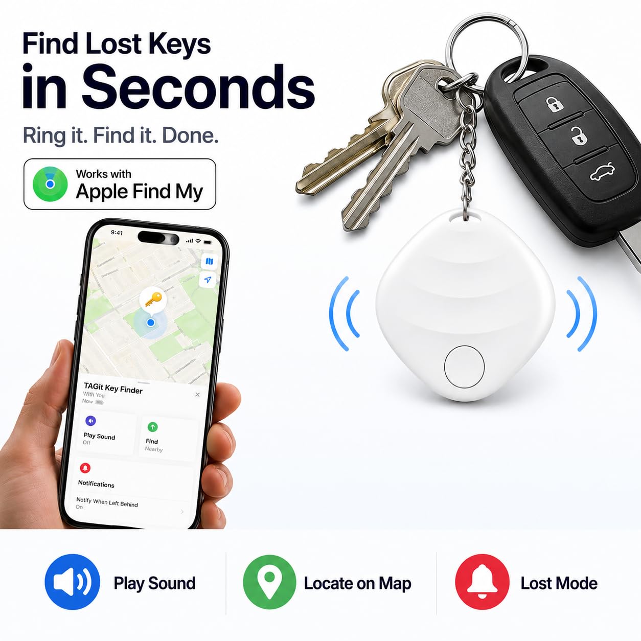 Trova chiavi e trova oggetti, funziona con l'app Apple Find My (solo iOS) per chiavi, bagagli, animali domestici, zaini e altro (2 pezzi)