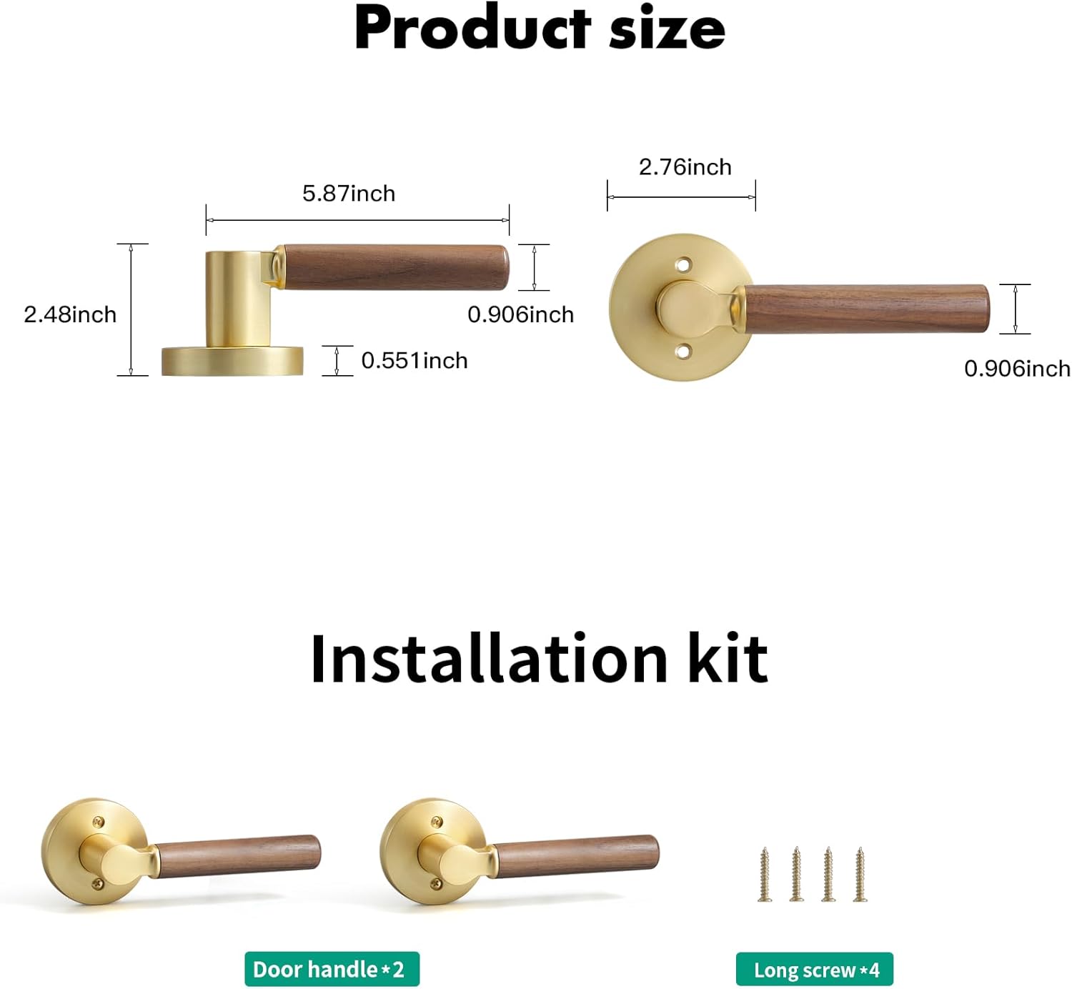 YAGU Wooden Round Dummy Lever Door Handle Pack of 2 Non-Turning Single Side Pull Only Lever Set [for Closet or French Doors] Heavy Duty - Satin Brass Finish