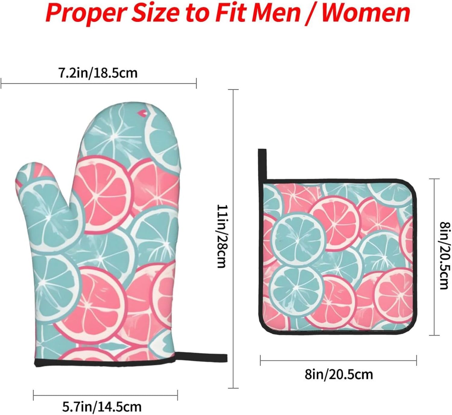 Pink Blue Citrus Slices Oven gloves and heat-resistant mat 4-piece set. Suitable for grilling, microwave oven frying, and baking