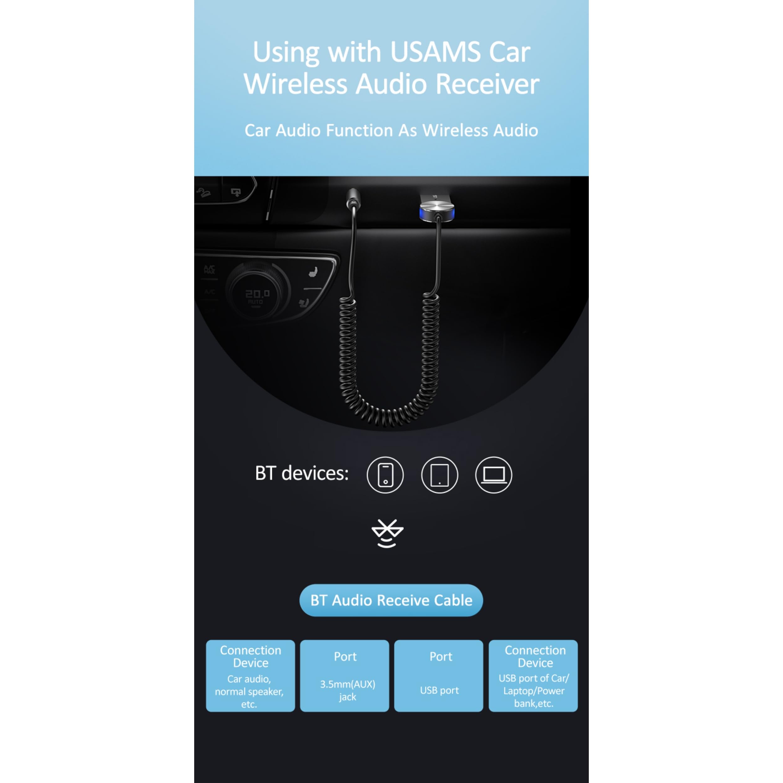 P4Y Adattatore audio wireless per auto US-SJ464 Jack da 3,5 mm a porta AUX USB Bluetooth 5.0 Microfono incorporato Messaggi vocali Materiale: lega di alluminio + ABS P4Y Adattatore audio wireless per auto US-SJ464 Jack da 3,5 mm a porta AUX USB Bluetooth 5.0 Microfono incorporato Messaggi vocali Materiale: lega di alluminio + ABS
