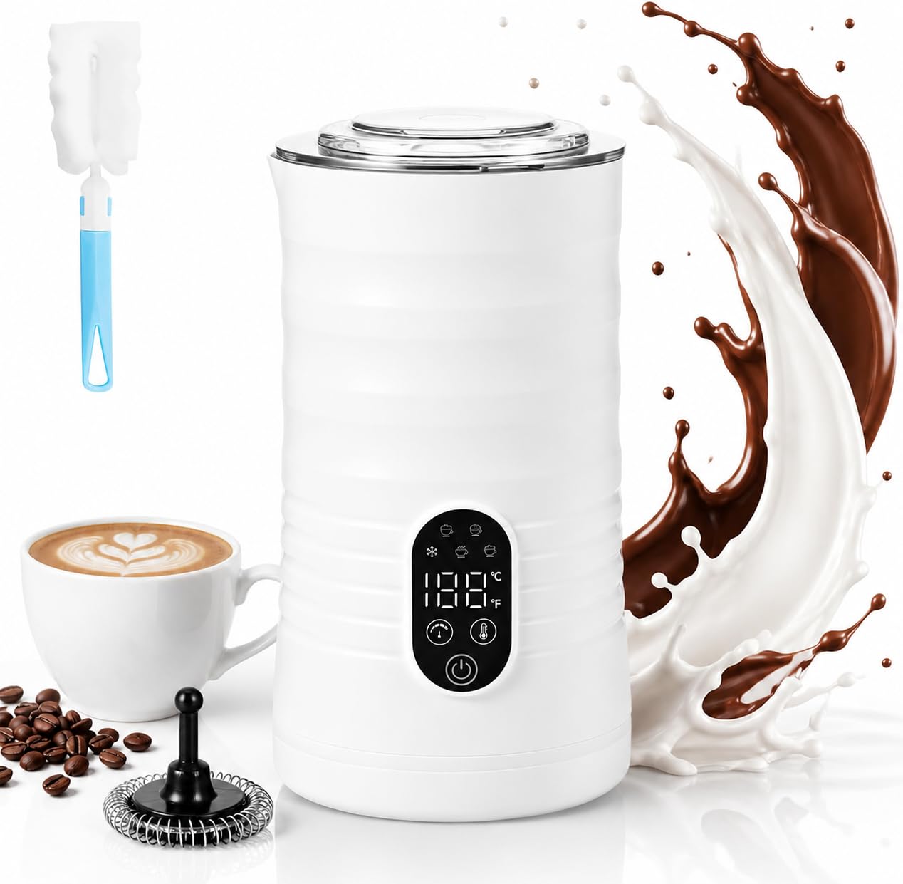 Milk Frother Electric, 350ml Automatic Milk Steamer 4-Function Hot & Cold Foam Maker, Automatic Milk Frothers for Coffee, Latte, Cappuccino, Macchiato, Hot Chocolate(White)