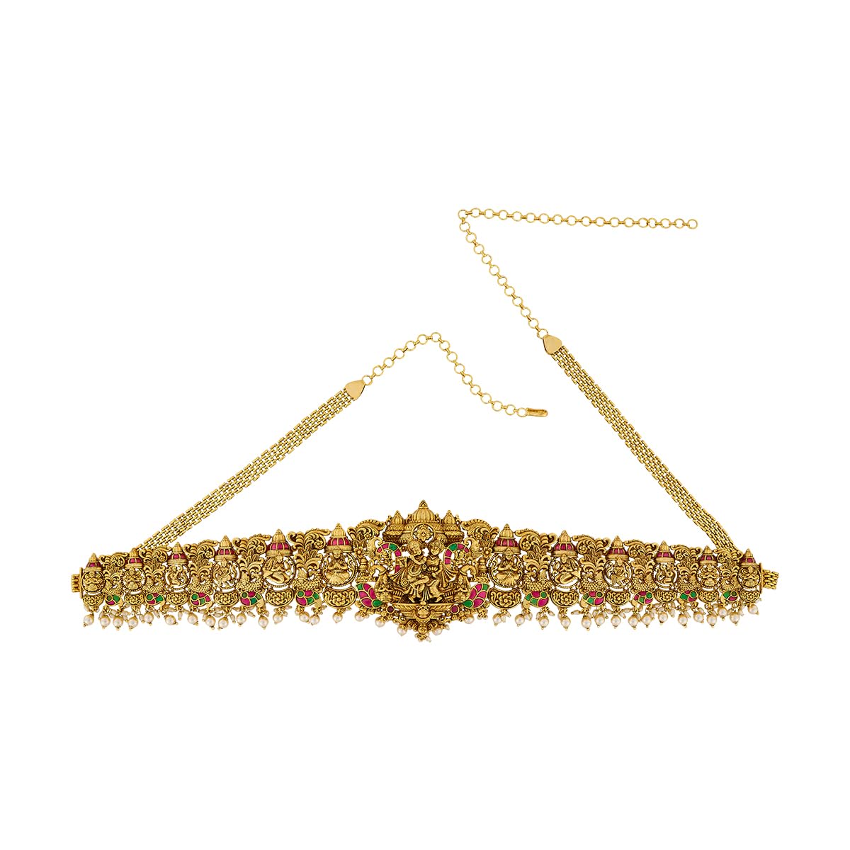 Fashion Jewellery Ruby-Green Gold Plated Antique Kamarbandh Waist Belt for Women | Adjustable Chain | Bridal & Bridesmaid Wear - 456952