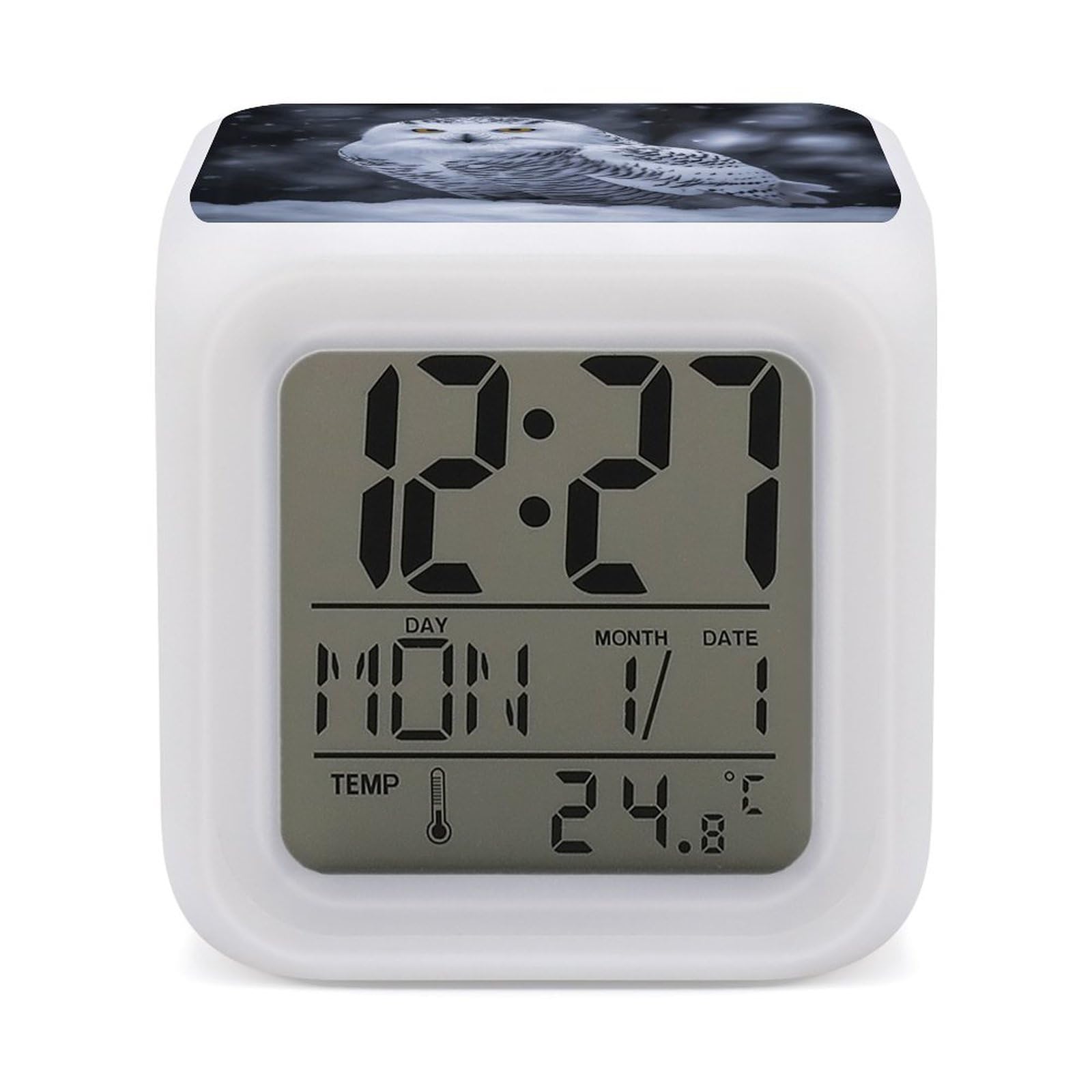 JTREHY 7 Color Changing LED Digital Alarm Clock,Arctic Owl Printed Wake-up Clock with Temperature Display Home Decoration Alarm Clock for Bedroom Office