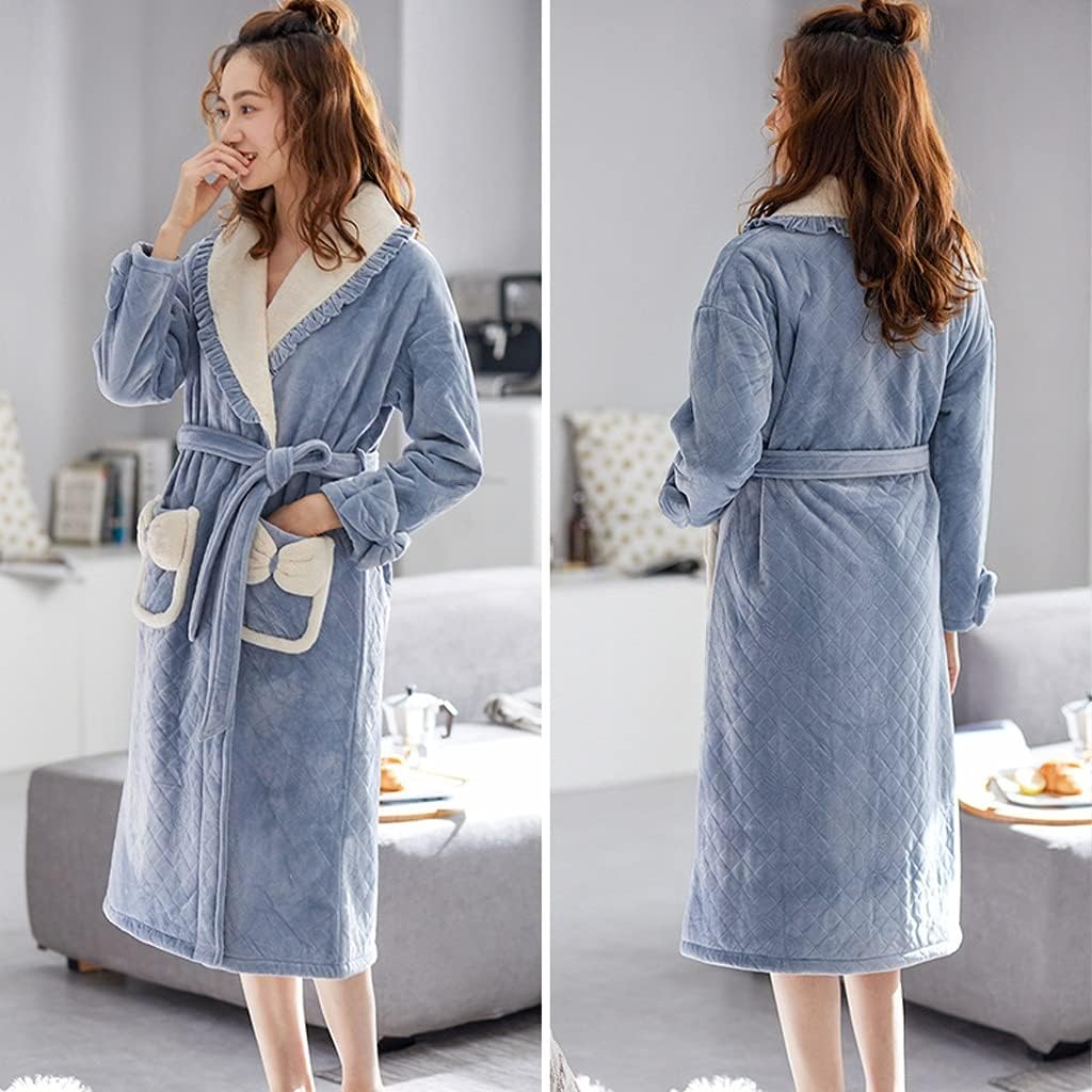 レディースローブ 高級バスローブ、超ソフトなレディースドレッシング、ミドル丈バスローブ、冬用キュートフランネル (ブルー L)