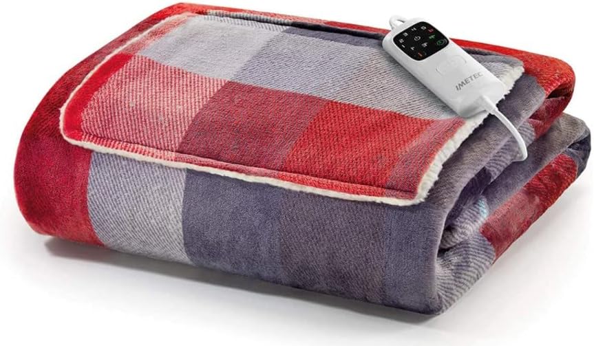 Imetec Adapto Velvet Tartan Plaid riscaldabile con tasca mani e piedi, Coperta elettrica 150x110 cm, Basso consumo, Tecnologia Adapto, Sicuro, Rapido riscaldamento, 6 Temperature, Lavabile