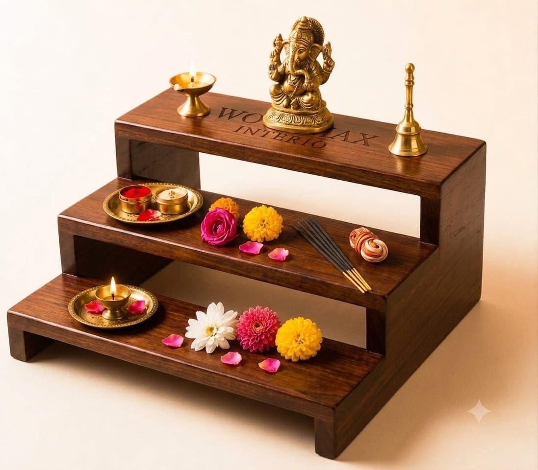 WOODMAX INTERIO Pooja Stand/Pooja Chowki/Mahoghany Wood | 3-Step Design, Natural Wood Finish-image-3