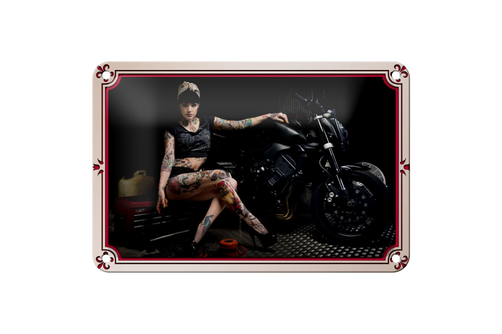 FEMER Tin Sign Motorcycle 18 x 12 cm Biker Girl Pinup Woman Tattoo Decoration Sign