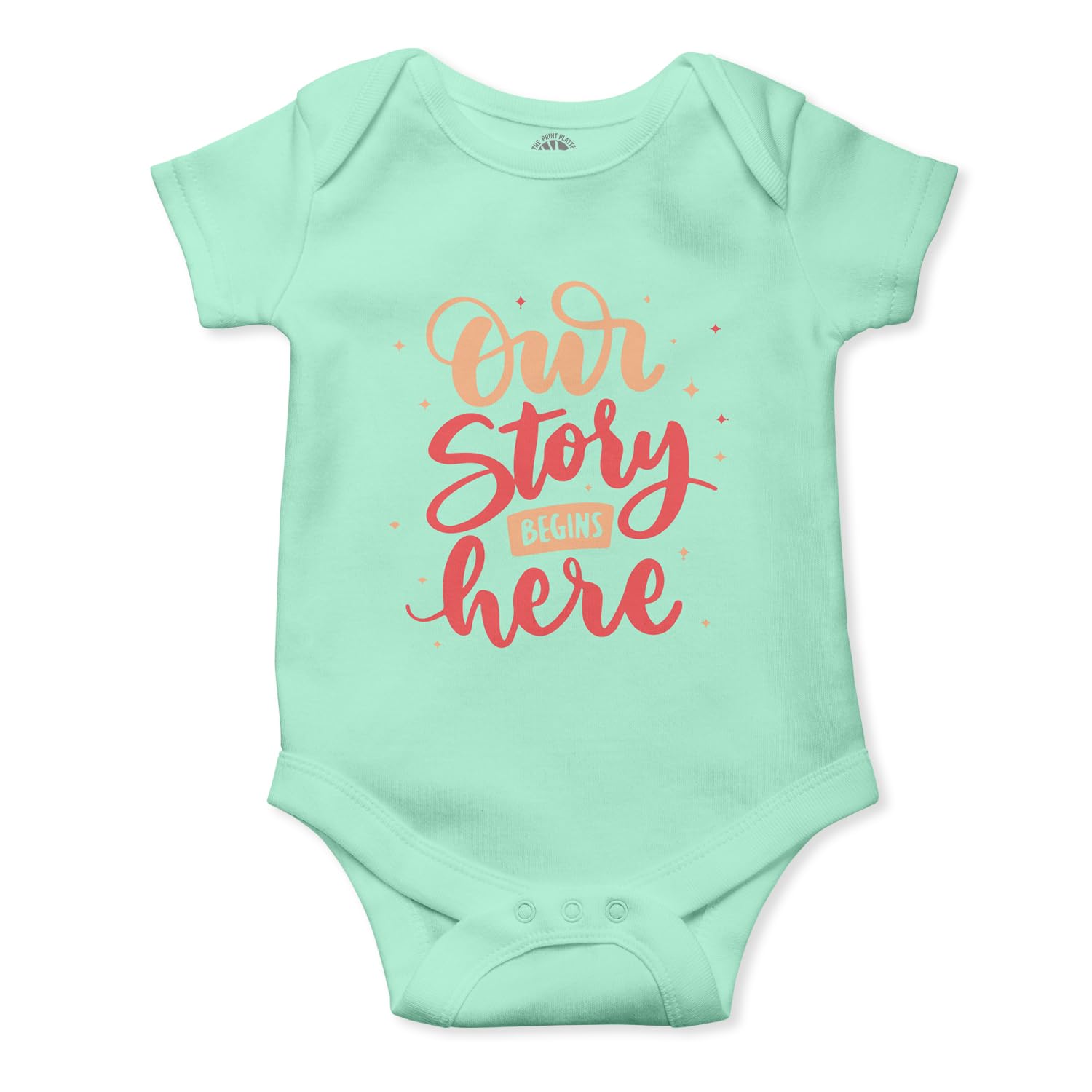 THE PRINT PLATTER Sage Green Unisex Half Sleeve Baby Romper With Print | Our Story Begins Here Sage Green Romper 100% Organic Cotton Baby Romper With Envelope Neck|R-R06