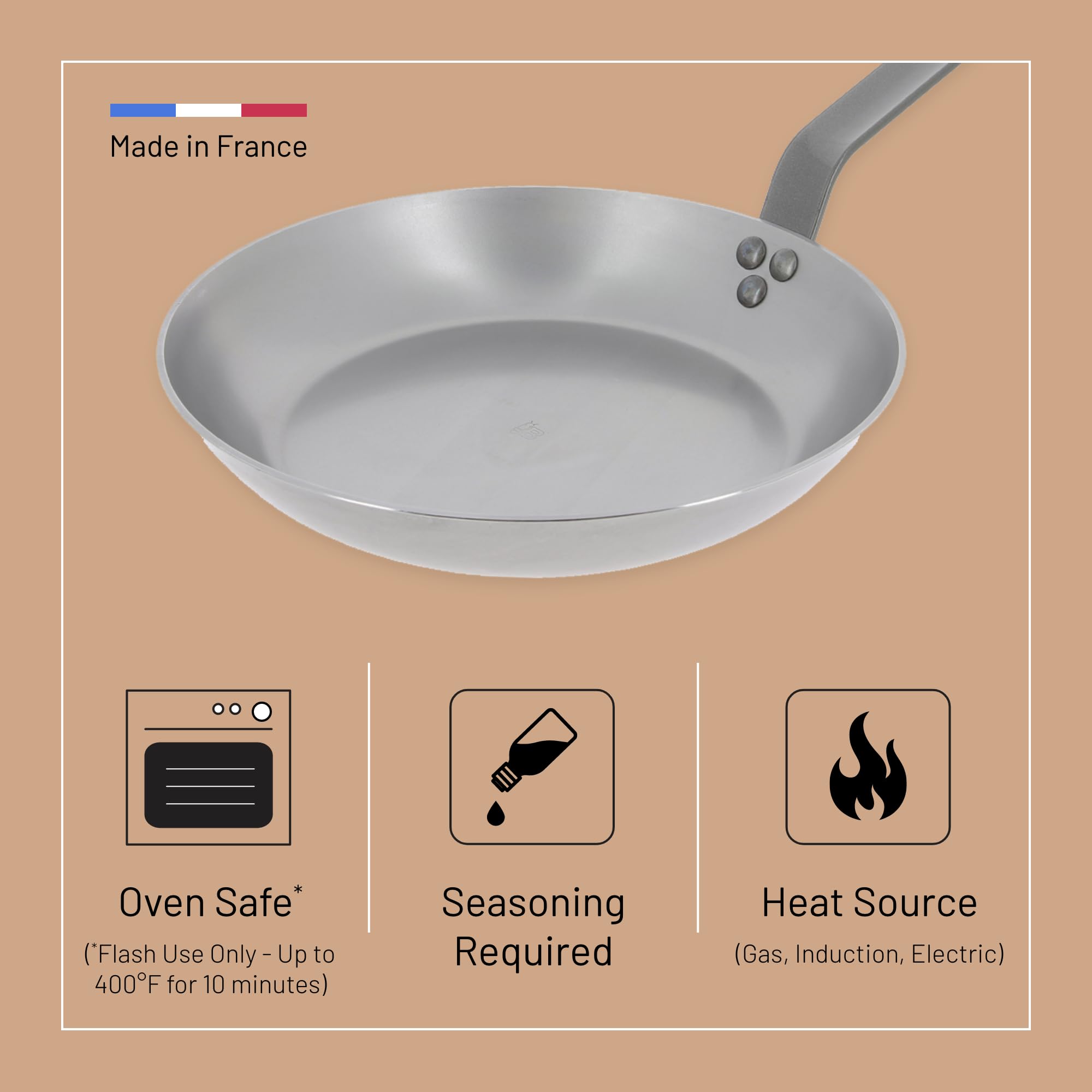 de Buyer Mineral B - Padella per omelette in acciaio al carbonio, diametro 27,9 cm, superficie di cottura 21,1 cm, finitura naturalmente antiaderente, prodotta in Francia
