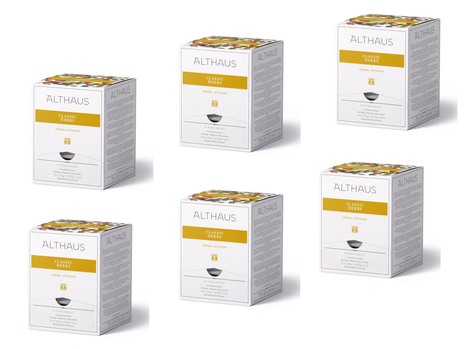 6 Packungen ALTHAUS Classic Herbs Kräutertee, Pfefferminze-Kamille-Salbei, Koffeinfrei, je 15 Pyramidenbeutel à 2,25 g