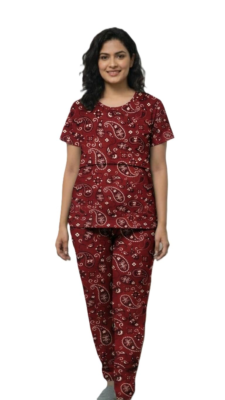 Women Maternity Zipless Feeding Pyjama Set Front Access Nightwear, Soft & Comfortable Fabric, Relaxed Fit | Colour : MRN MNGO-XXL-picture-23