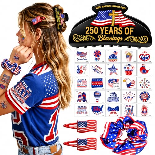 TOCESS 250 Anniversary USA Claw Clips: 4th of July Independence Day Patriotic Hair Accessories Set with Hair Clips Red White Blue Scrunchies & Temporary Tattoos for Women America 250 Merchandise