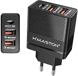 H'MASTON Fonte Carregador de Parede 67.5W Carregador Turbo Universal com 2 USB Saída 20W + 1 Tipo C 22.5 Power Compatível com iPhone Android LR13-4 (PRETO)