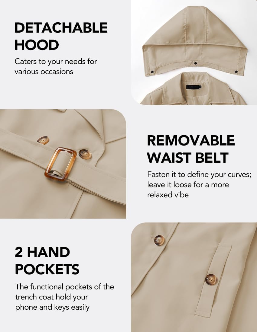 Womens Long Trench Coat Double Breasted Classic Lapel Coat Belted Slim Long Overcoat Coat With Detachable Hood - Image 5