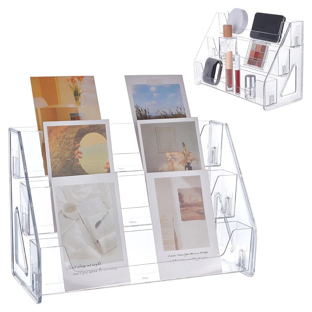 UNICRAFTALE 3 Tier Acrylic Trading Card Display Stand Perfume Stand Organiser Action Figures Display Shelves Cosmetics Storage Rack Stamp Postcard Mail Cards Holder for Home Office Retail