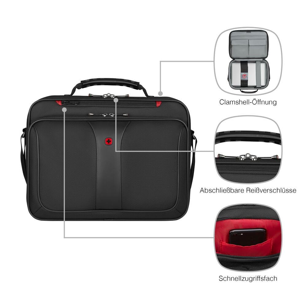 WENGER Legacy 16 Laptop-Tasche zum Umhängen, Notebook bis 16 Zoll, Aktentasche, Organizer, 15 l, Damen Herren, Büro Business-Reisen Uni, Schwarz, 600647