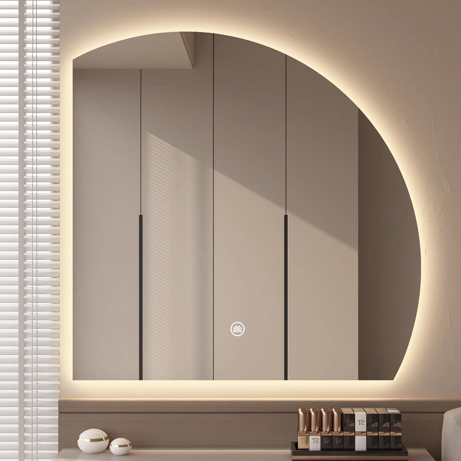 Espejo de baño Grande Tangaozu retroiluminado con Luces LED de 110 cm, 3 Colores, regulable, antivaho, Espejo de tocador de Media Luna de 90 cm sin Marco con interruptor táctil, decoración i