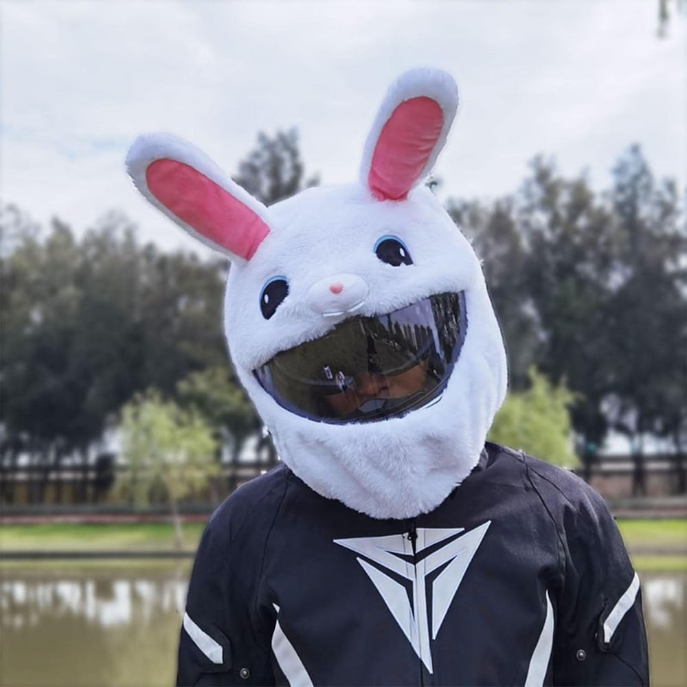 Divertente copricasco da moto, decorazione per casco a forma di coniglio bianco in peluche per motociclisti, regali e accessori unici per motociclisti