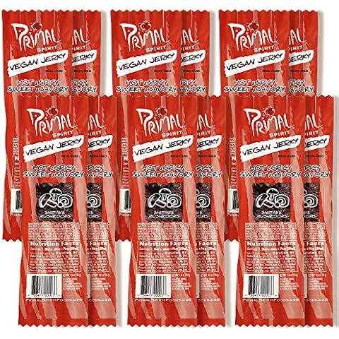 Primal Spirit Vegan Jerky “SHIITAKE MUSHROOM” – “Classic Flavor” – Hot & Spicy-Sweet & Savory, 10 g. Plant Based Protein, Certified Non-GMO, No Preservatives, Sports Friendly Packaging (12 Pack, 1 oz) Cover