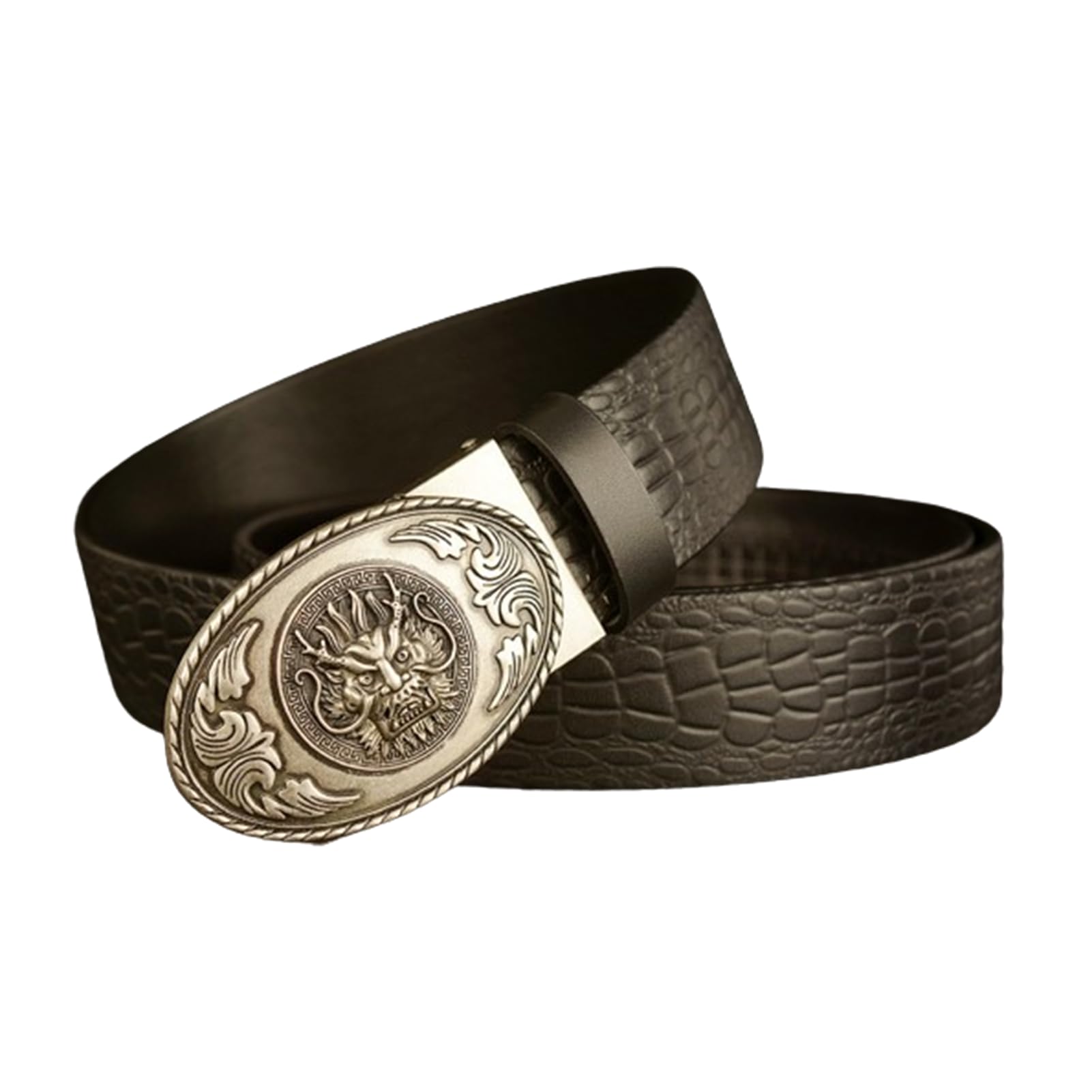 Cinturón De Cuero De Cocodrilo Repujado con Carraca con Cabeza De Dragón Plateada Hebilla Deslizante Automática Set De Regalo De Moda para Hombre(115cm/45, Black)
