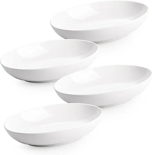 Gacoree 8.6" Oval Serving Bowls, 24 oz Small Oval Bowl for Side Dishes, Salad, Pasta, Snacks, White Ceramic Serving Dish, Set of 4