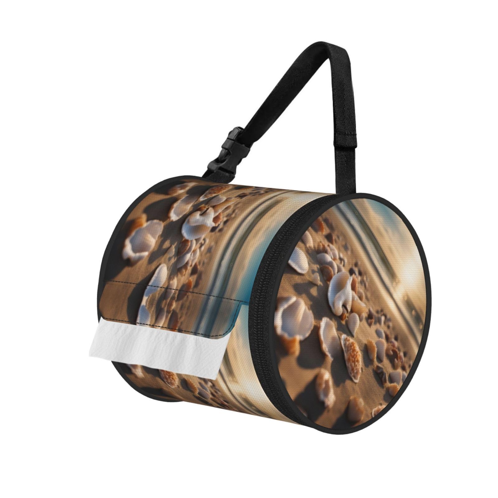 Jiuty Black Seashell Landscape On The Beach Print Cylinder Tissue Organizer Bag With Strap, Portable Toilet Roll Holder For Camping Car