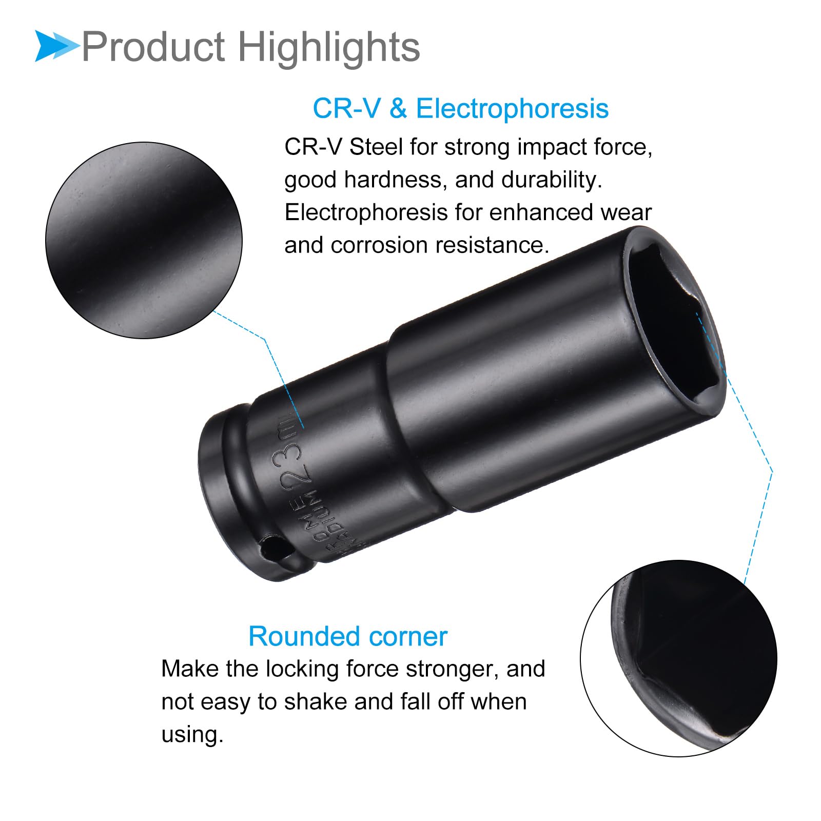 CoCud Deep Impact Socket, 1/2" Drive 23mm Socket, CR-V Steel Rounded Corner Design 6-Point Deep Impact Socket - Image 4