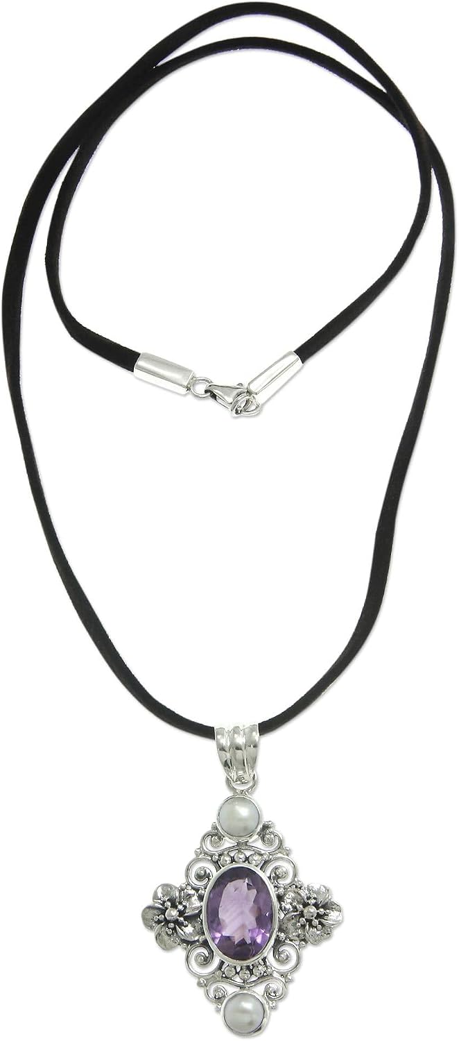 NOVICA Artisan Handcrafted Cultured Pearl Amethyst Pendant Necklace Floral Silver Sterling Purple White Cord Indonesia Birthstone Balinese Traditional [cord 18.5 in L 3 mm W Pendant(s) 1.9 in L x 1.1]