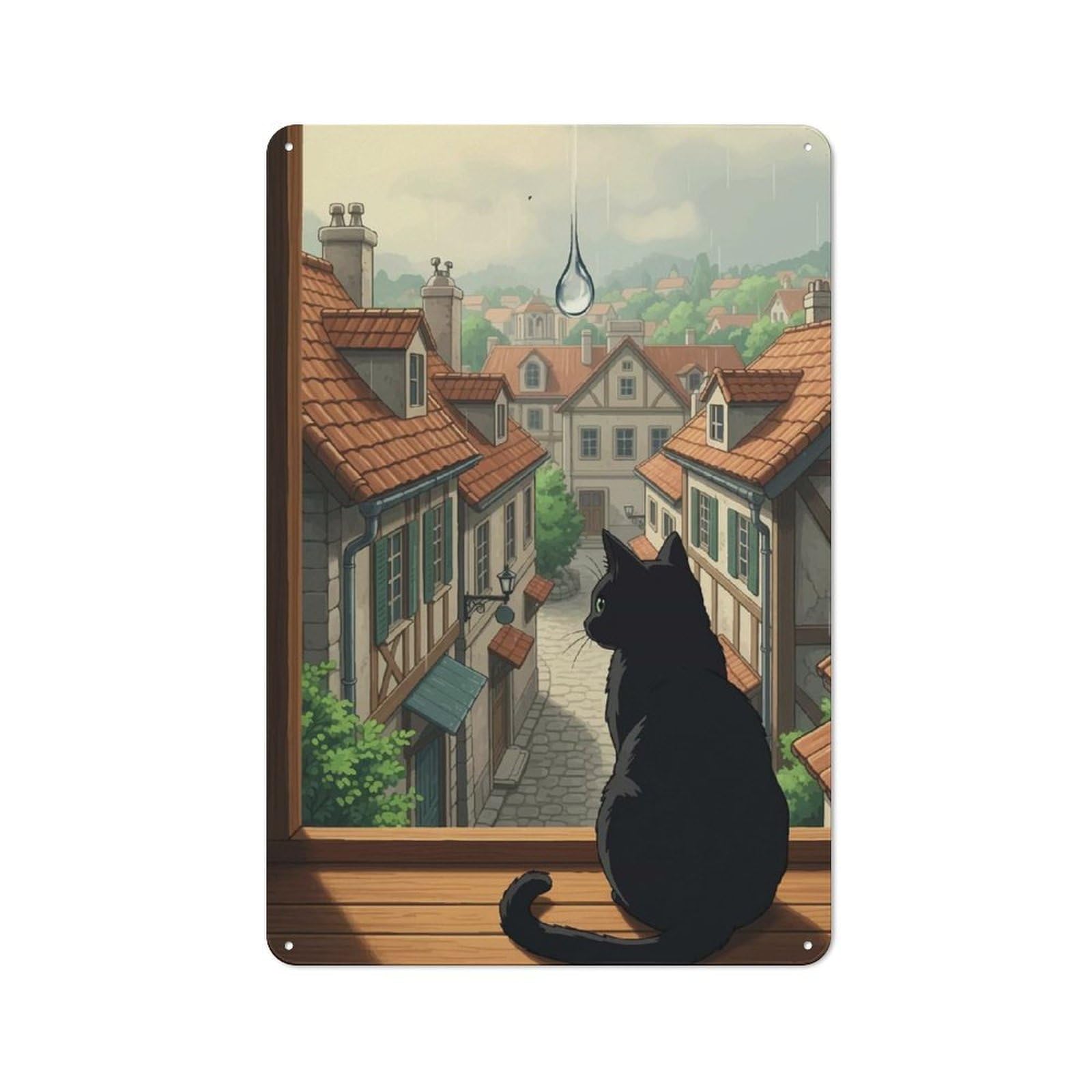 Junmoney Style-23 Black Cat Gazing At Rainy Town Vintage Tin Wall Plaque 30X20cm For Studio Or Craft Room, For Garage, Workshop And Man Cave Decoration