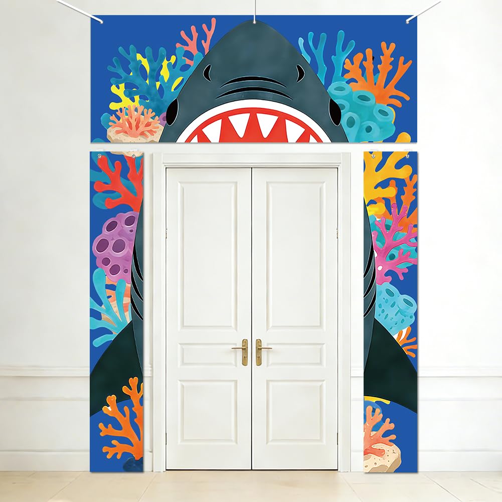 SUPERDANT 3pcs Shark Porch Banner 180x68cm Colorful Polyester Reusable Backdrop Shark Party Decor for Door Wall Photo Area Summer Camp Patio Themed Birthday Decoration