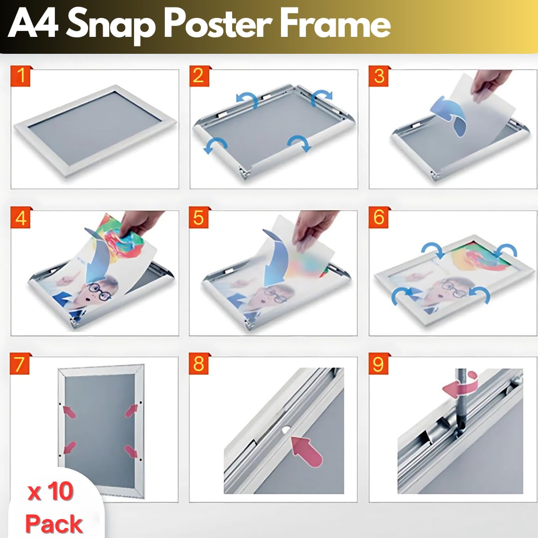 Cornice a scatto formato A4, confezione da 10 pezzi, cornice in alluminio argentato con profilo da 25 mm con copertura antiriflesso, facile apertura frontale, supporto per poster, certificati, foto o