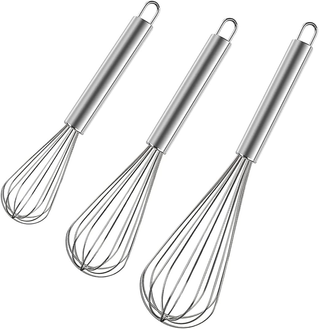 Polly Online Stainless Steel Whisk Set, 3 Packs Balloon Whisk for Cooking, Whisking, Blending (8",10",12")