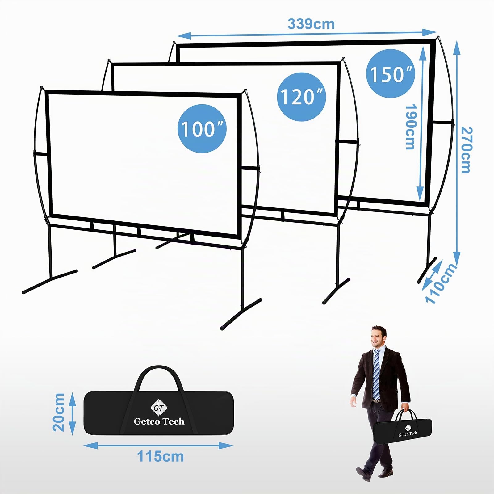 Écran de projection mobile - 339 x 270 cm (150'') - 16:9 - Montage et utilisation faciles - Convient pour le home cinéma et l'extérieur