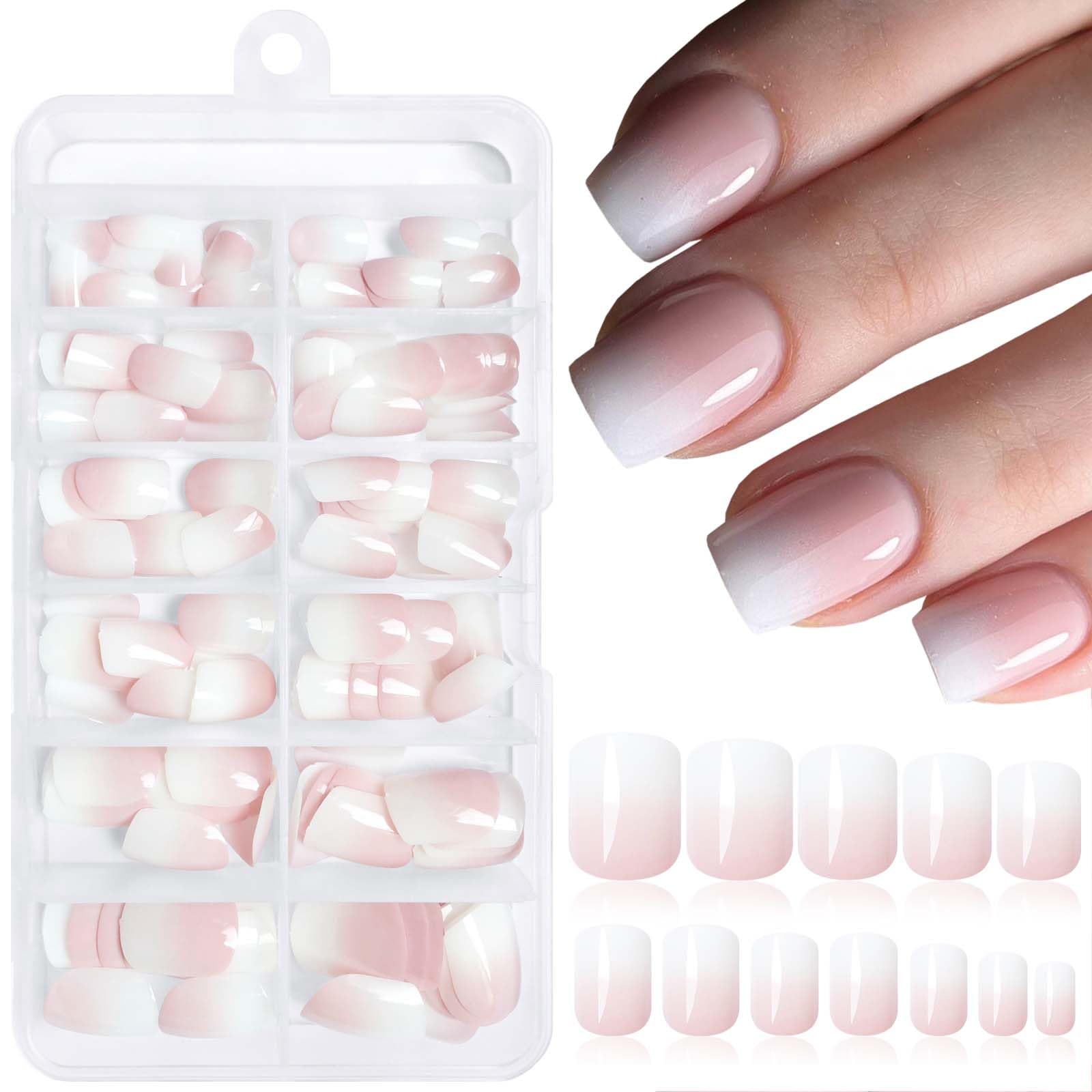 LoveOurhome 144pc Short Square Press on Nails Fake Nails Ombre Glue on Nails White Pink Ombre Pink Press on Nail Short False Nail Women Artificial