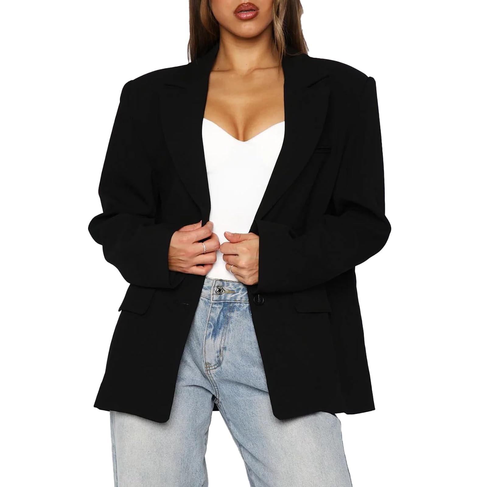 Women Solid Button Down Suit Jacket Lapel Collar Long Sleeve Open Front Fall Coat Work Office Blazer with