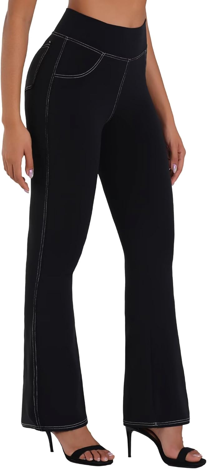 Sunzel Sustainable Flare Leggings for Women, Mini Bell Bottom Flared Yoga Pants with Denim Look, High Waisted Tummy Control - Image 2
