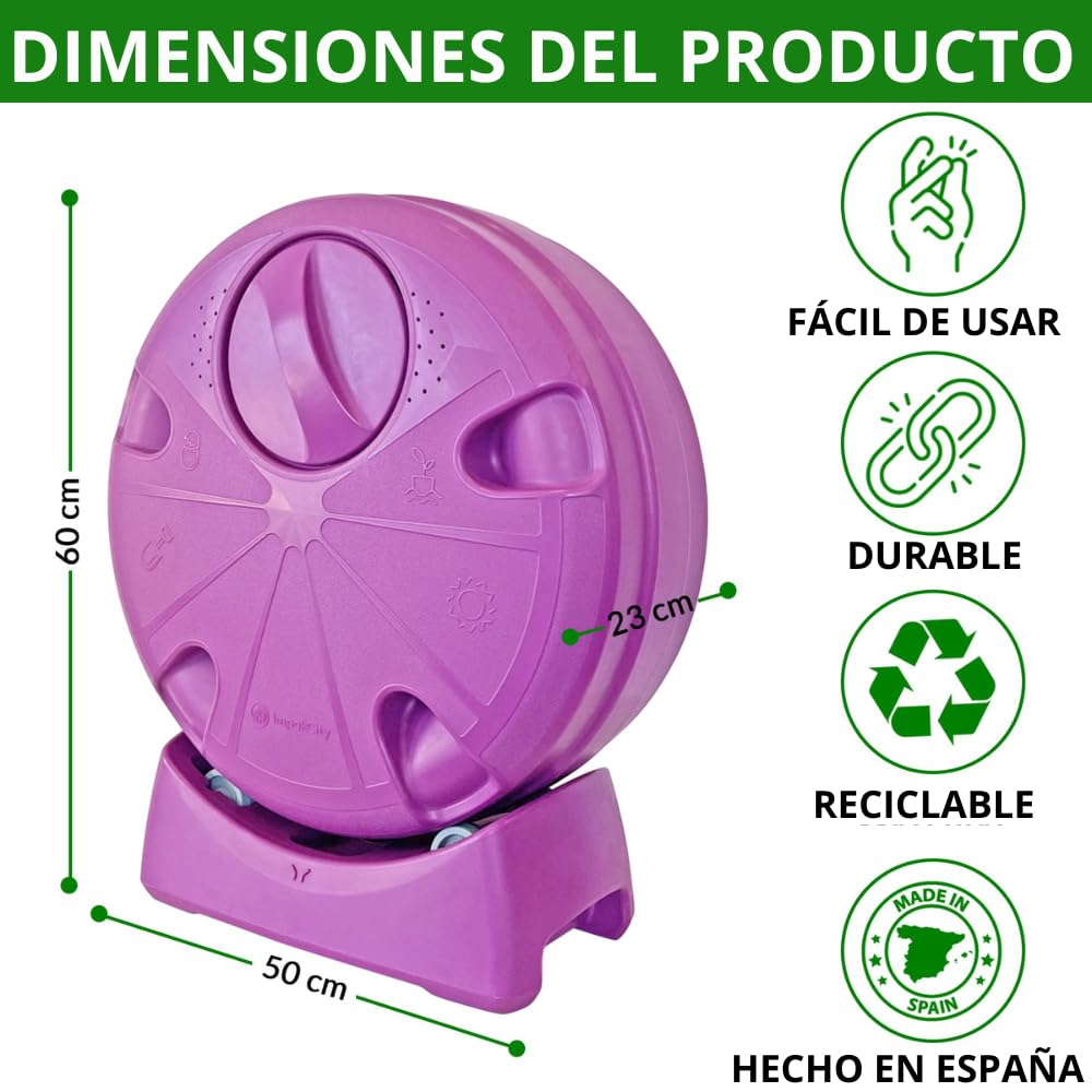Compostador Doméstico Giratorio y Compacto 40L ImpakCity - Evita Malos Olores, Insectos y Roedores, con Compartimento de Líquidos Lixiviados, Fabricado en España con Materiales Reciclables