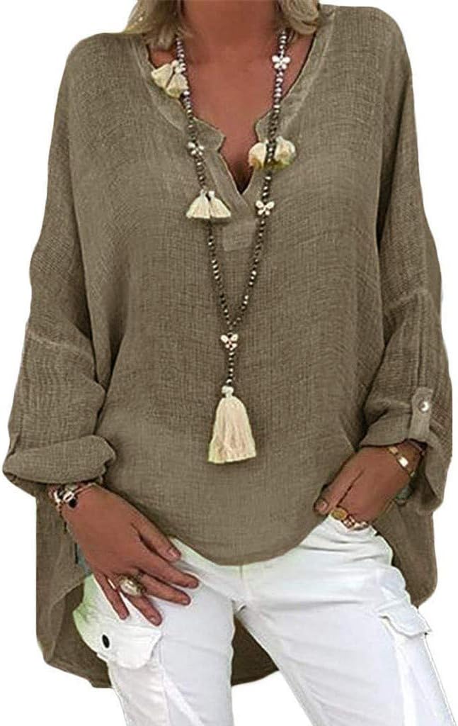 Plus Size Cotton Linen Shirts for Women Casual Long Sleeve Blouse V Neck Blouse Loose High Low Hem Tops T-Shirt