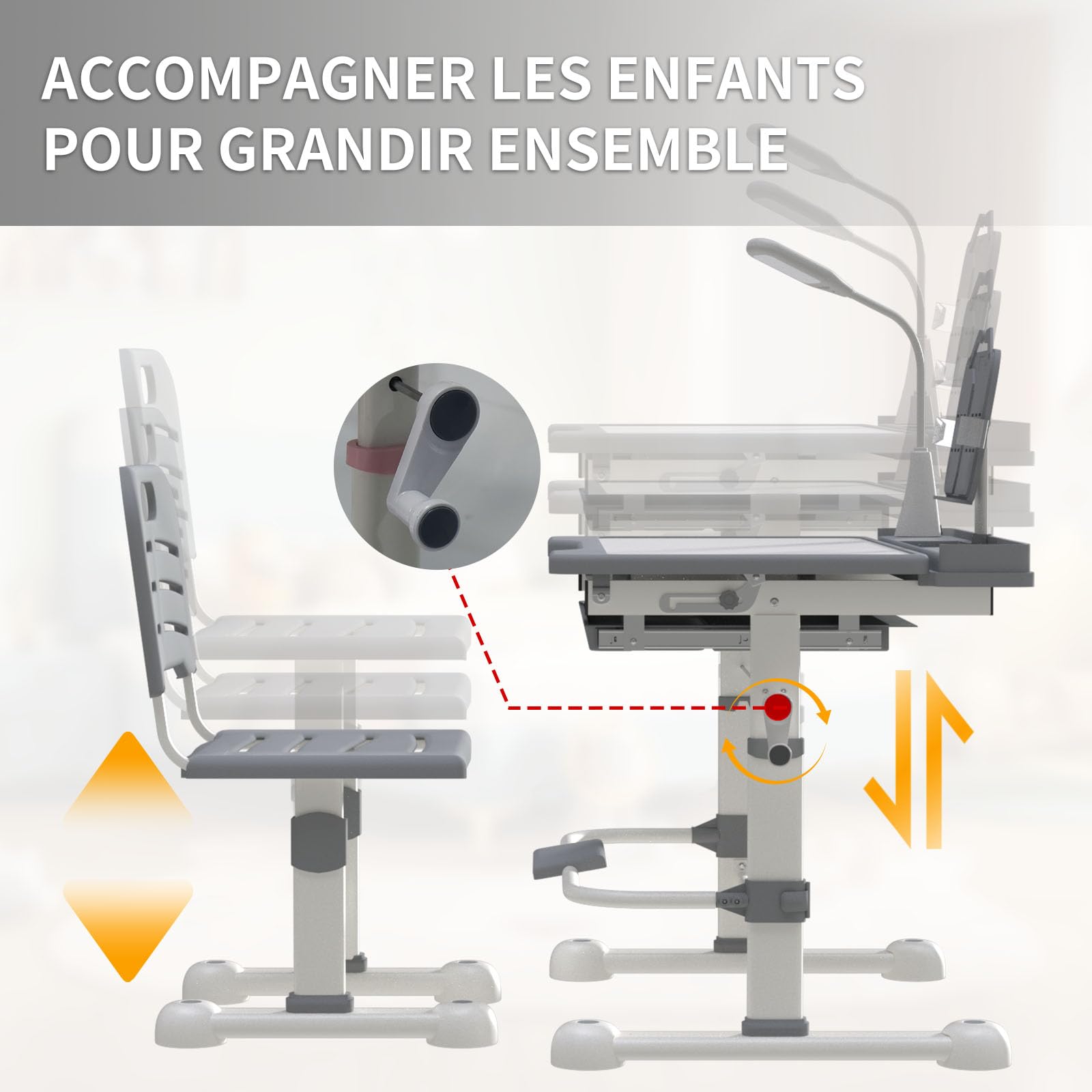 Ensemble Bureau et Chaise pour Enfants 3 à 12 Ans Chaise Bureau Enfant Fonctionnelle Hauteur Réglable Plateau Inclinable à 45° Lampe Led Support de Lecture Boîte à Stylos Tiroir et Porte-gobelet, Gris