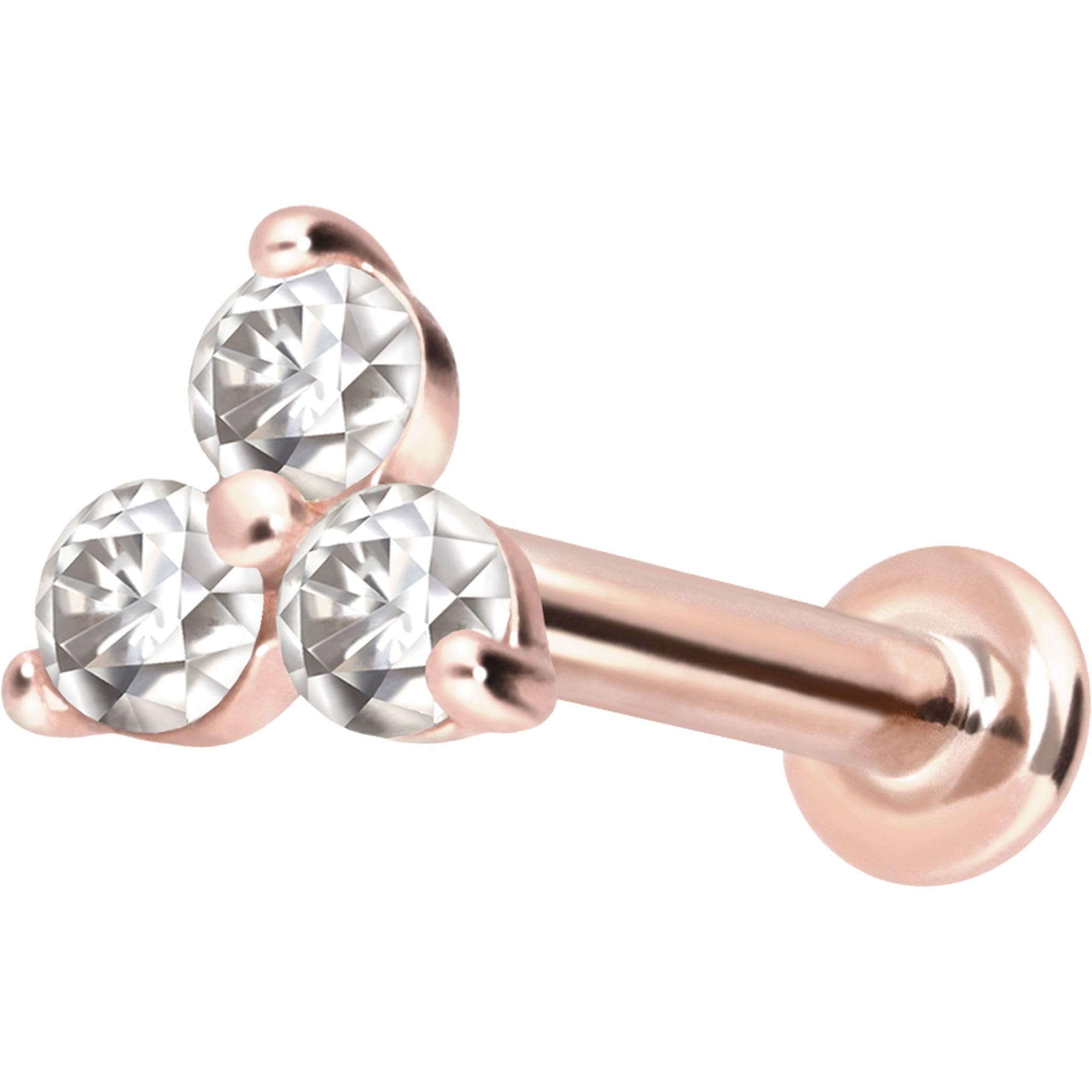 PIERCINGLINE Piercing Stecker 14 Gold Labret mit Push Fit MOISSANIT-BLUME 585er Gold - Roségoldfarben, Goldfarben, Silberfarben