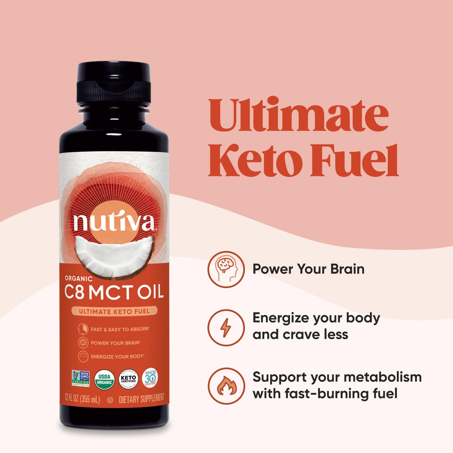 Nutiva Organic Liquid MCT Oil C8- Unflavored - Perfect for Coffee, Shakes, Salads, and More - Great for Vegan, Whole, Paleo, and Keto Diet - Extracted From Coconut - 12floz — Amazon image 2