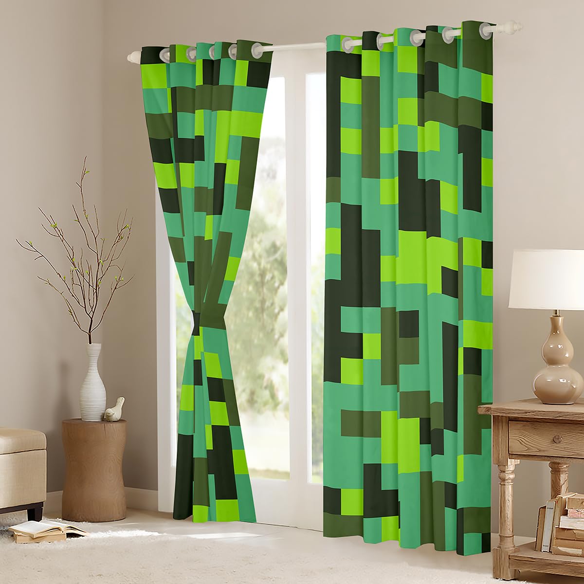 Manfei Pixel Grid Miners Blackout Curtains,Geometric Grid Patchwork Pixelated Window Drapes,Cartoon Gamepad Video Games Nursery Bedroom Playroom Decor,Cyan Green 2 Panels,46Wx54L inch - Image 4